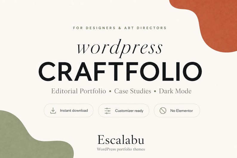 Pu&ograve; includere: Un grafico digitale che presenta il testo FOR DESIGNERS & ART DIRECTORS, wordpress CRAFTFOLIO, Editorial Portfolio, Case Studies, Dark Mode, Instant download, Customizer ready, No Elementor, Escalabu e WordPress portfolio themes.
