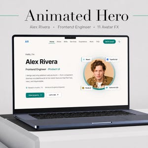 May include: A laptop displaying a portfolio website for a frontend engineer named Alex Rivera. The screen shows a profile photo, professional title, project description, and technical skill tags including React, TypeScript, Node.js, and Tailwind CSS.