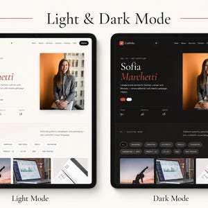 Pu&ograve; includere: Un design di interfaccia digitale visualizzato in modalit&agrave; chiara e scura su due tablet. Il layout presenta il testo Sofia Marchetti, una fotografia ritratto, menu di navigazione e una sezione portfolio con varie categorie di progetti.