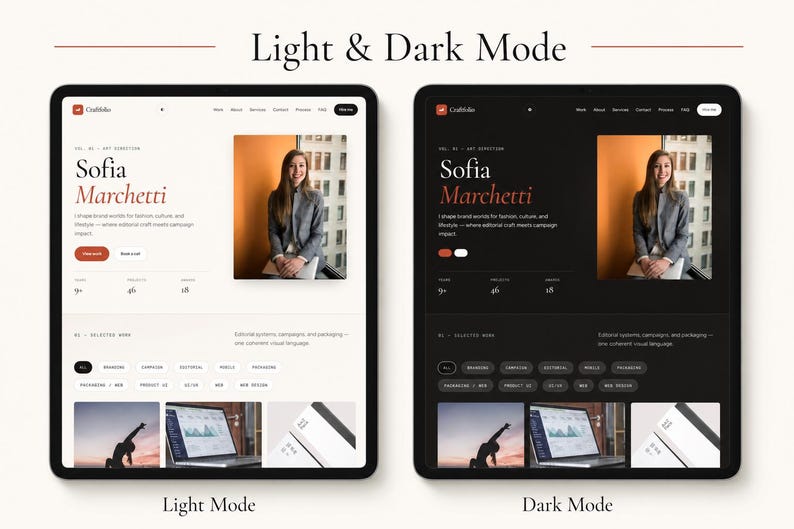 Pu&ograve; includere: Un design di interfaccia digitale visualizzato in modalit&agrave; chiara e scura su due tablet. Il layout presenta il testo Sofia Marchetti, una fotografia ritratto, menu di navigazione e una sezione portfolio con varie categorie di progetti.