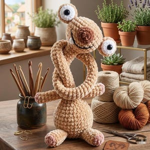 Può includere: Una creatura all'uncinetto color marrone chiaro, morbida e peluche, con un corpo lungo e annodato, due grandi occhi bianchi con pupille nere e un naso marrone scuro. La figura ha una base rotonda, due braccia piccole e un ampio sorriso cucito.
