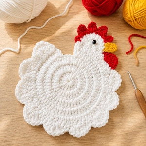 Puede incluir: Un posavasos de pollo tejido a ganchillo en color blanco con cresta roja, pico amarillo y un ojo de cuenta negra. El cuerpo es circular con un borde festoneado, hecho de hilo blanco. Un ganchillo de madera se sitúa junto a la figura.
