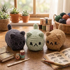 May include: Three round, plush, crocheted cat figures in dark gray, light mint green, and tan. Each cat features small ears, a short tail, and embroidered facial details. They are arranged on a wooden surface alongside spools of thread, a crochet hook, a notebook, and an open book with animal illustrations.