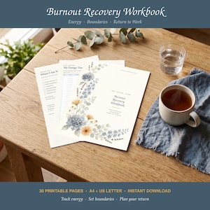 Op de afbeelding: Een Burnout Recovery werkboek met 30 printbare pagina's, A4 en US Letter formaten. De omslag bevat een aquarel bloemenillustratie van blauwe en oranje bloemen met groene bladeren. De tekst luidt Burnout Recovery Workbook, energy, boundaries, return to work, en 30 pages - A4 + US Letter.