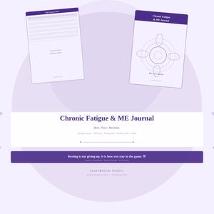 Könnte beinhalten: Ein digitales Chronic Fatigue & ME Journal in Lila und Weiß. Das Layout enthält zwei Seitenvorschauen, eine mit dem Titel Daily Energy Tracker und die andere mit Chronic Fatigue & ME Journal, die Text und kreisförmige Diagramme zeigen.