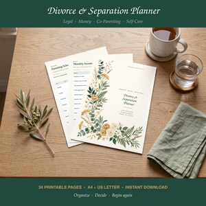Peut inclure: Un planificateur de divorce et de séparation avec 34 pages imprimables aux formats A4 et US Letter. La couverture présente une illustration florale avec des fleurs blanches et jaunes et des feuilles vertes. Les pages intérieures incluent des sections.