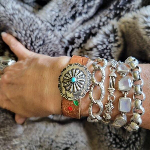 Joan Begay Leather Handmade Concho Navajo Buckle Bracelet