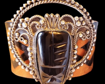 Vintage Taxco Onyx Aztec Warrior Leather Bracelet Cuff