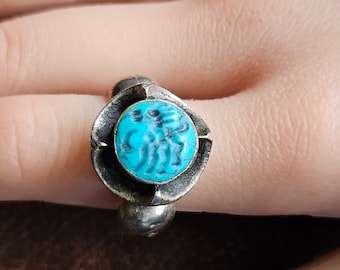 Old Carved Turquoise Horse Turkman Afghan White Silver Metal Signet Ring sz 7