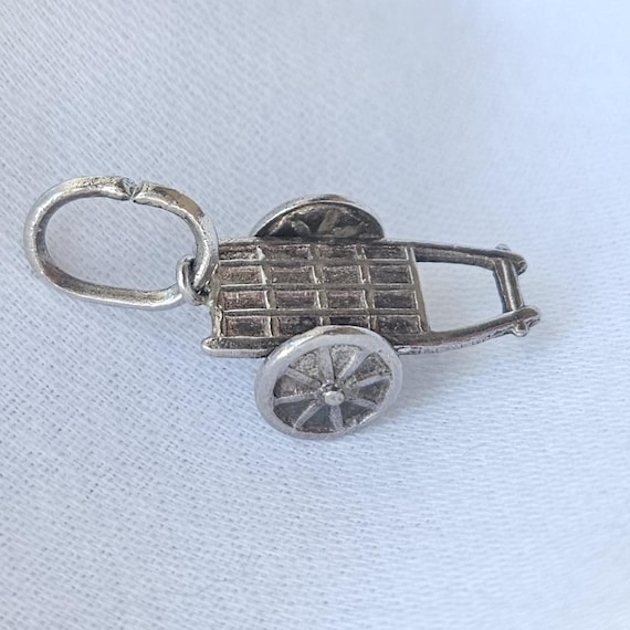 Vintage Silver Cart Charm Moving Wheels