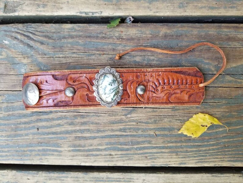 Green Moss Agate Concho Vintage Tooled Leather Cuff bracelet\u2022Southwestern cuff\u2022cowgirl\u2022Western Wear\u2022Southwestern jewelry\u2022