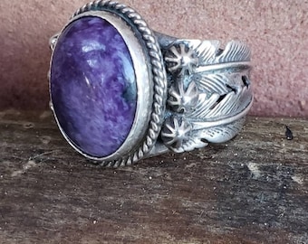 Navajo Charoite Feathers Sterling Cigar Band•Sterling Southwestern jewelry•Native American Jewelry•vintage turquoise jewelry•Navajo ring sz7