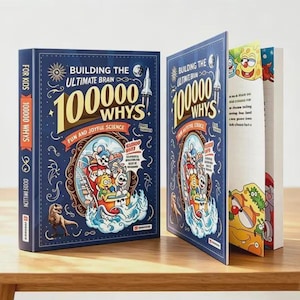Puede incluir: Un libro de tapa dura titulado Building the Ultimate Brain 100000 Whys con una cubierta azul oscuro que presenta una ilustración de dibujos animados de personajes en una montaña rusa, un dinosaurio y un cohete. El libro está de pie.