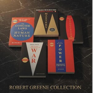 May include: A collection of five books by Robert Greene, including The Concise Laws of Human Nature, Mastery, The Art of Seduction, The 33 Strategies of War, and The 48 Laws of Power. Each book features a distinct cover design with bold colors.