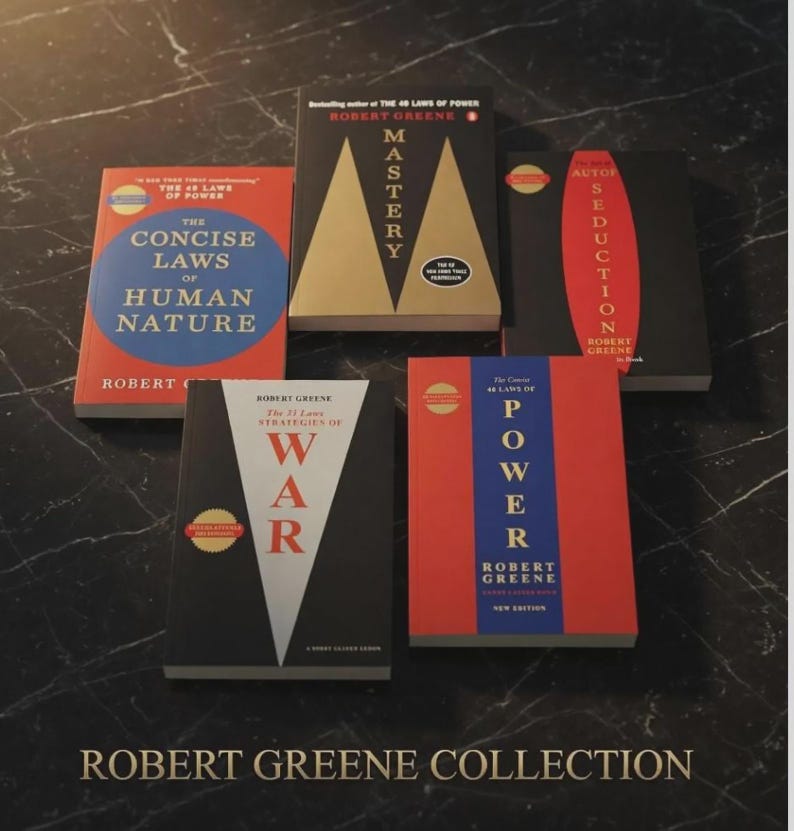 May include: A collection of five books by Robert Greene, including The Concise Laws of Human Nature, Mastery, The Art of Seduction, The 33 Strategies of War, and The 48 Laws of Power. Each book features a distinct cover design with bold colors.