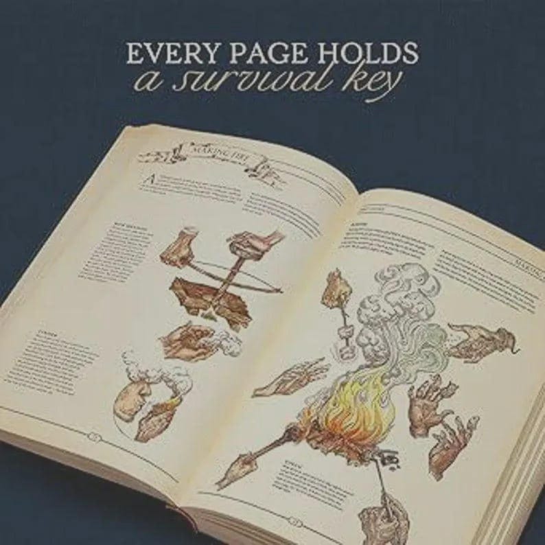 Peut inclure: Un livre ouvert aux pages couleur cr&egrave;me pr&eacute;sentant des illustrations d&eacute;taill&eacute;es dessin&eacute;es &agrave; la main sur les techniques de feu. Le texte en haut indique "EVERY PAGE HOLDS a survival key". Les sch&eacute;mas montrent des mains utilisant des outils.