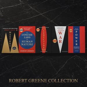 May include: A collection of five books by Robert Greene, including Mastery, The Concise Laws of Human Nature, The Art of Seduction, The 33 Strategies of War, and The 48 Laws of Power. The book covers feature bold geometric designs in black, red, gold, and white.