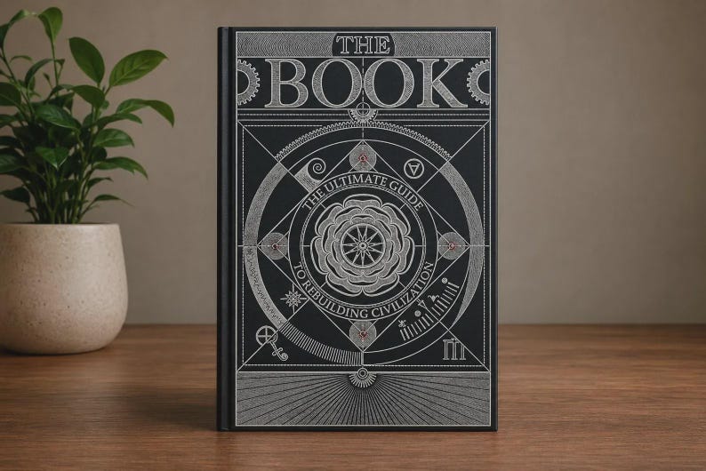 Peut inclure: Un livre &agrave; couverture rigide noire avec des illustrations en lignes argent&eacute;es sur la couverture. Le texte indique THE BOOK THE ULTIMATE GUIDE TO REBUILDING CIVILIZATION. Le design pr&eacute;sente des motifs g&eacute;om&eacute;triques, circulaires et techniques.