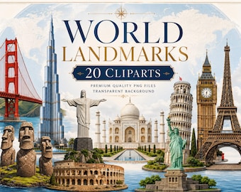 World Famous Monuments Clipart, Watercolor Landmarks PNG, Travel Architecture Illustrations, Transparent Background, Instant Download