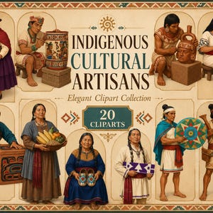 Pode incluir: Uma coleção digital de 20 ilustrações intitulada INDIGENOUS CULTURAL ARTISANS, apresentando várias figuras em trajes tradicionais envolvidas em cerâmica, tecelagem e escultura em madeira, em um layout emoldurado de estilo vintage.