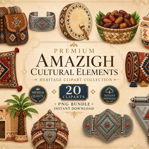 Op de afbeelding: Een digitale collectie van 20 Amazigh culturele elementen, waaronder een leren tas, zilveren manchet, trommel, mand met dadels, pot met patronen, vierkant kussen, opgerold tapijt, lemen huis, palmboom, tulband en zilveren sieraden met de tekst Premium Amazigh Cultural Elements.