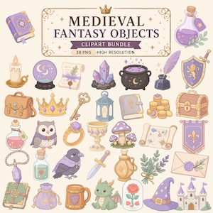 Medieval Fantasy Objects Clipart Bundle | 38 PNG Magic Elements (Digital Download)