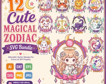 Magisches Tierkreiszeichen-SVG-Bundle | Kawaii-Astrologie-Cliparts, himmlische Designs (Digitaler Download)