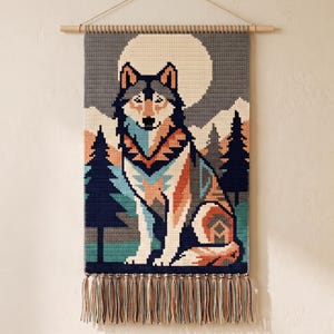 Wolf Moon Tapestry Crochet Pattern, Colorwork Wall Hanging (PDF Download)