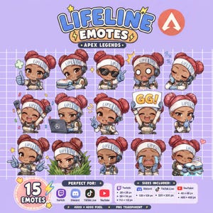Peut inclure: Un ensemble de 15 émoticônes numériques représentant le personnage Lifeline d'Apex Legends. Le personnage porte des chignons rouges, un bandeau blanc avec le texte LIFELINE et un casque. Diverses expressions incluent pouce levé, signe GG et pleurs.