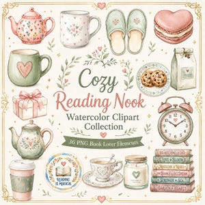 Può includere: Una collezione di clipart ad acquerello intitolata Cozy Reading Nook con illustrazioni di teiere, tazze, pantofole, un macaron a forma di cuore, biscotti, un regalo, una sveglia, una candela e una pila di libri con motivi a forma di cuore.