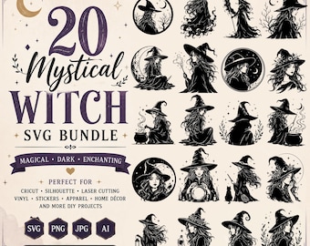 May include: A digital collection of 20 black and white witch illustrations featuring various poses, hats, and magical elements. The text reads 20 Mystical Witch SVG Bundle, Magical, Dark, Enchanting, Perfect for Cricut, Silhouette, Laser Cutting, Vinyl, Stickers, Apparel, Home Décor, and more DIY projects, SVG, PNG, JPG, AI, and Instant Download.