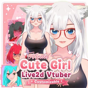 May include: A digital illustration of a customizable Live2D VTuber model featuring a character with white hair, animal ears, and red-rimmed glasses, wearing a black tank top and skirt. The text reads Model Cute Girl Live2d Vtuber Customizable.
