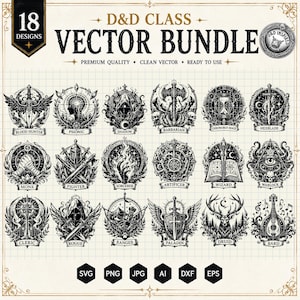 Può includere: Una collezione digitale di 18 design vettoriali in bianco e nero delle classi di D&D con illustrazioni dettagliate per Blood Hunter, Psionic, Shadow, Barbarian, Chronurgy Mage, Hexblade, Monk, Fighter, Sorcerer, Artificer, Wizard, Warlock, Cleric, Rogue, Ranger, Paladin, Druid e Bard.