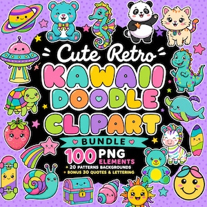 Może przedstawiać: Cyfrowy zestaw clipartów zawierający 100 elementów PNG z kolorowymi ilustracjami w stylu kawaii, w tym planetę, misia, konika morskiego, pandę, kota, UFO, żółwia, dinozaura, wieloryba, truskawkę, spadającą gwiazdę, deskorolkę i słońce.