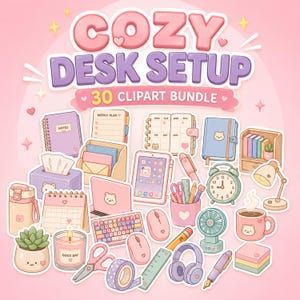Puede incluir: Un paquete de imágenes prediseñadas digitales titulado COZY DESK SETUP 30 CLIPART BUNDLE que presenta varios artículos de oficina y estudio en colores pastel. Incluye cuadernos, una tableta, una computadora portátil, un teclado, un mouse, una lámpara, un reloj, una taza y artículos de papelería.