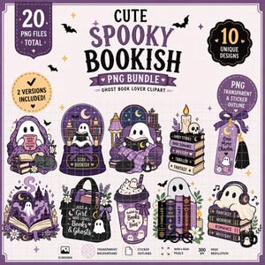 Può includere: Un pacchetto di grafica digitale contenente 20 file PNG con 10 design unici a tema libri e fantasmi. Le illustrazioni includono fantasmi, libri, candele e gatti in tonalità viola e nere, con testi come 'Stay Bookish', 'One More Chapter' e 'Fueled by Books & Boos'.