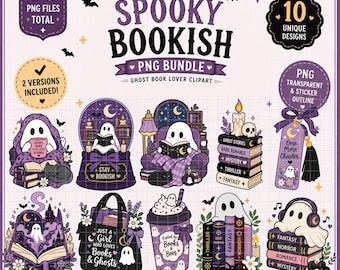 Puede incluir: Un paquete de gráficos digitales con 20 archivos PNG y 10 diseños únicos de temática literaria y fantasmal. Las ilustraciones incluyen fantasmas, libros, velas y gatos en tonos morados y negros, con textos como 'Stay Bookish', 'One More Chapter' y 'Fueled by Books & Boos'.