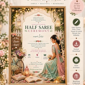 May include: A digital invitation template for a Half Saree Ceremony featuring a garden theme with floral accents, a bicycle, and an illustration of a person in traditional attire. The text includes Garden Bloom Half Saree Ceremony Invitation.