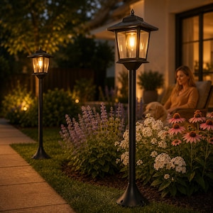 May include: Two black metal outdoor post lights with clear glass panels and warm glowing Edison-style bulbs. Each lantern features a tapered roof and a slender pole base, positioned along a stone walkway in a garden with purple and white flowers.