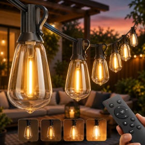 100FT Outdoor String Lights Remote Dimmable Waterproof Edison Patio Lights