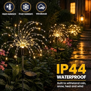 May include: Solar-powered garden lights featuring firework-style wire sprays with warm white LED bulbs. The lights are labeled as heat resistant, frost resistant, windbreak, and IP44 waterproof, designed to withstand rain, snow, heat, and wind.