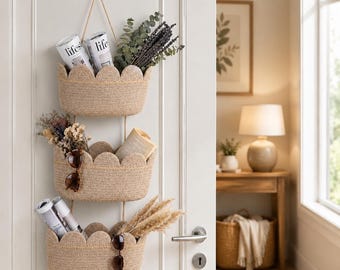 3 Tier Scalloped Woven Cotton Hanging Baskets, Over Door Storage Organizer