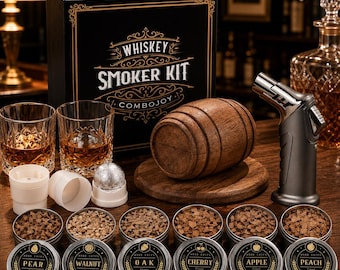 Whiskey Cocktail Smoker Kit with Torch–6 Assorted Wood Chip Flavors, 2 Drinking Glasses, 2 Ice Ball Molds–Old Fashioned Smoker Infuser Set