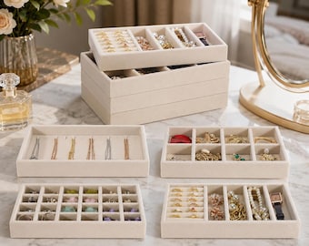 Velvet Jewelry Storage Drawer Tray Set of 4, Stackable Jewelry Drawer Organizer, Organizer for Earrings, Rings, Necklaces, Bracelets