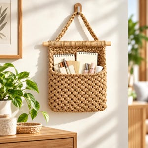 May include: A tan macrame wall hanging organizer featuring a braided handle, a wooden dowel, and a deep pocket. The pocket contains two white notebooks, several pens, and small cylindrical containers, all suspended from a single wall hook.