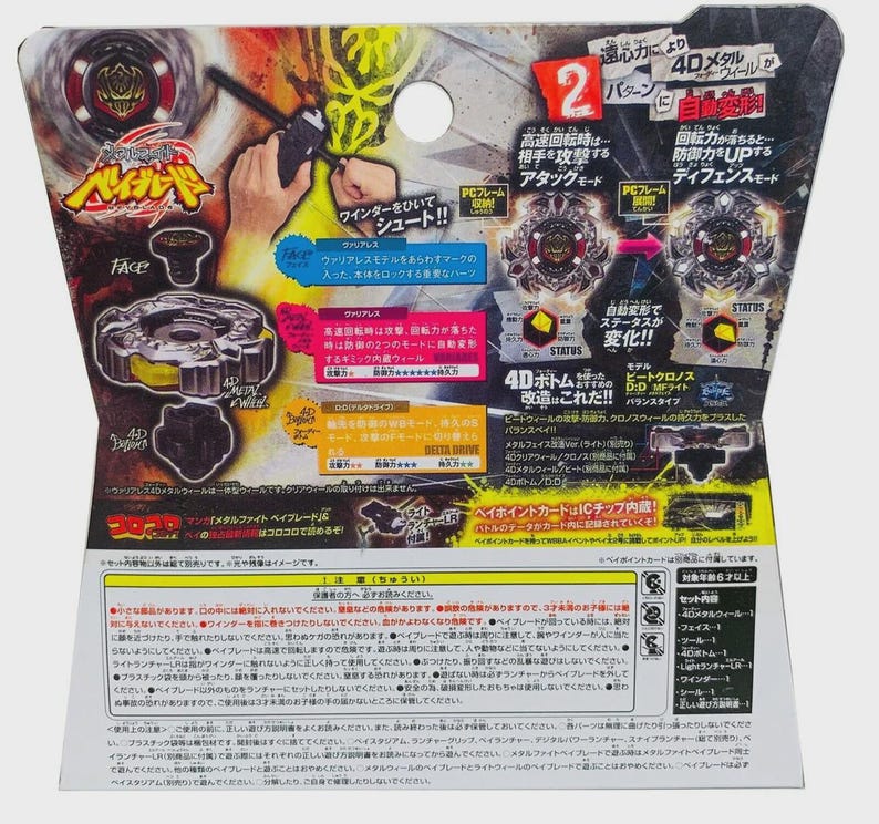 Puede incluir: Una tarjeta de embalaje de juguete Beyblade Metal Fight con una peonza negra y plateada, un lanzador y texto en japon&eacute;s que detalla el sistema 4D, los modos de ataque y defensa, y componentes como la rueda de metal y la base.