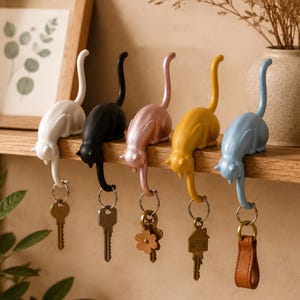 Cute 3D Printed Cat Hook, Hanging Key Holder for Shelf Edge & Wall Decor