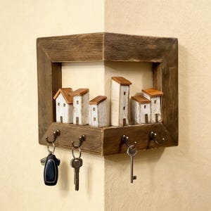 Rustic Corner Wood Key Holder, Wall-Mounted Hook Rack for Entryway & Hallway Organization