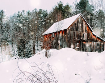 May include: A weathered wooden barn with a red roof stands in a snowy forest. The barn is surrounded by snow-covered trees and a thick layer of snow on the ground.