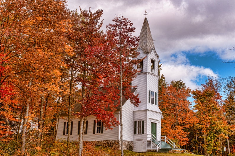 The Church Nature photography, landscape photography, fall, autumn, fine art print, leaves, new england image 1